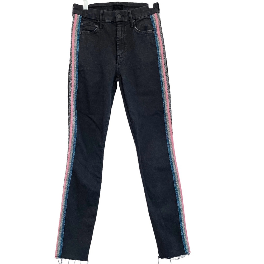 Mother Looker Ankle Fray Black Jeans High Waisted Glitter Racer Stripe 25